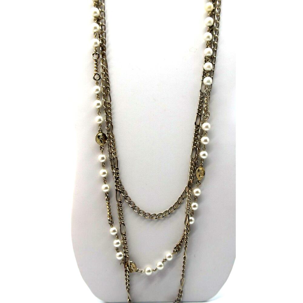 32" Long Faux Pearl Triple Chain Necklace • Gold Tone